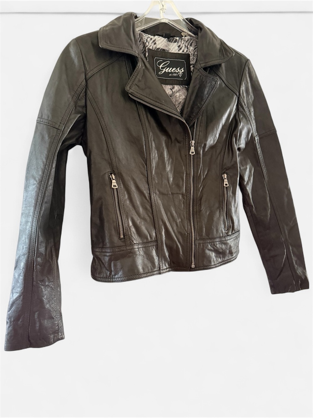 Guess Women's Brown Leather Asymmetrical Zip Jacket